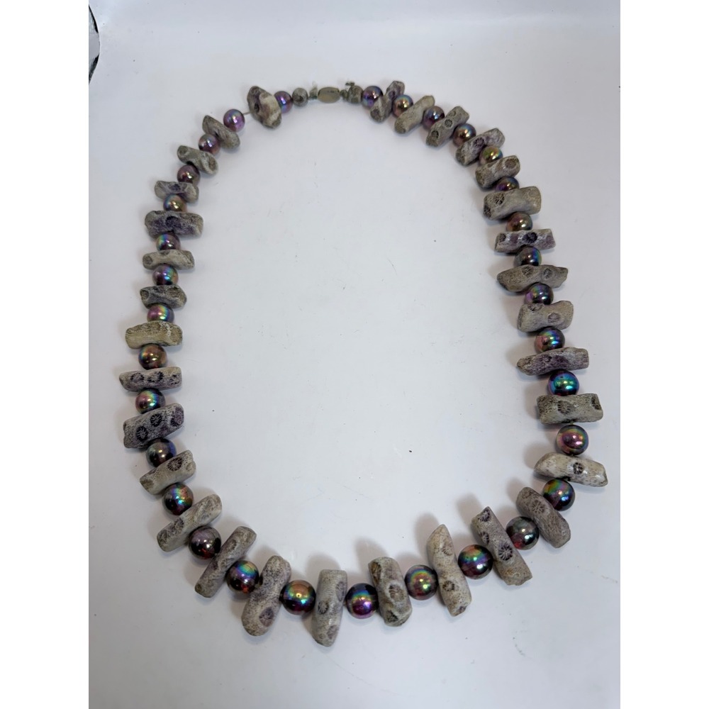 Vintage Fossil Coral and Iridescent‎ Rainbow Pearl Beaded Necklace 24 Inch